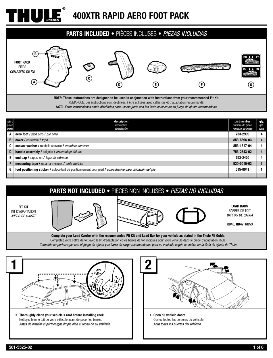 THULE RAPID AERO FOOT PACK 400XTR INSTALLATION INSTRUCTIONS MANUAL