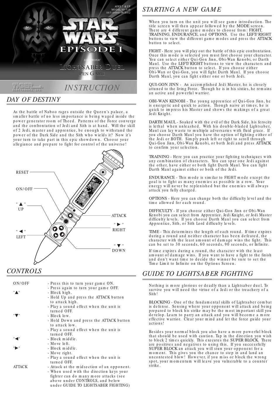 TIGER STAR WARS EPISODE I LIGHTSABER DUEL 88-510 INSTRUCTION Pdf ...