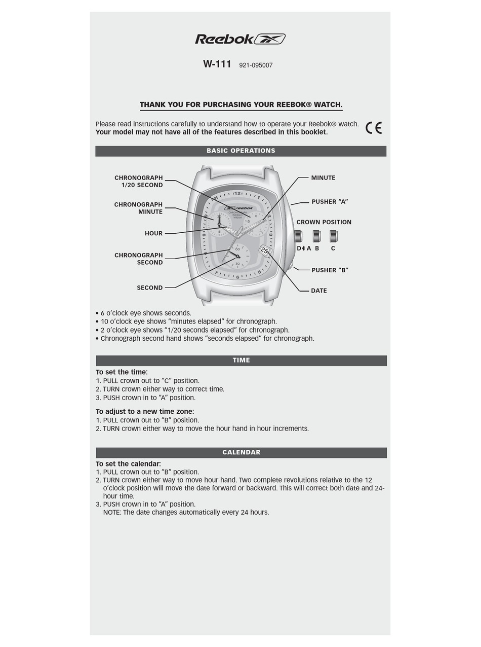 Reebok W111 Instructions Pdf Download Manualslib