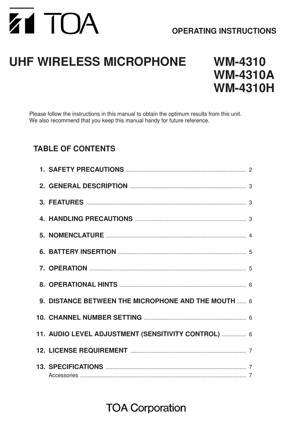 TOA WM 4310 OPERATING INSTRUCTIONS MANUAL Pdf Download ManualsLib