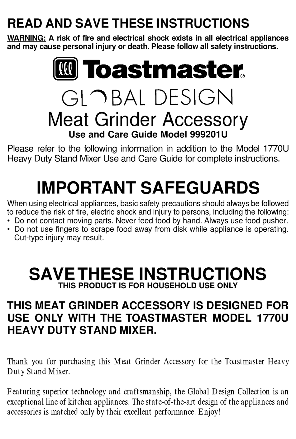 TOASTMASTER 999201U USE AND CARE MANUAL Pdf Download ManualsLib