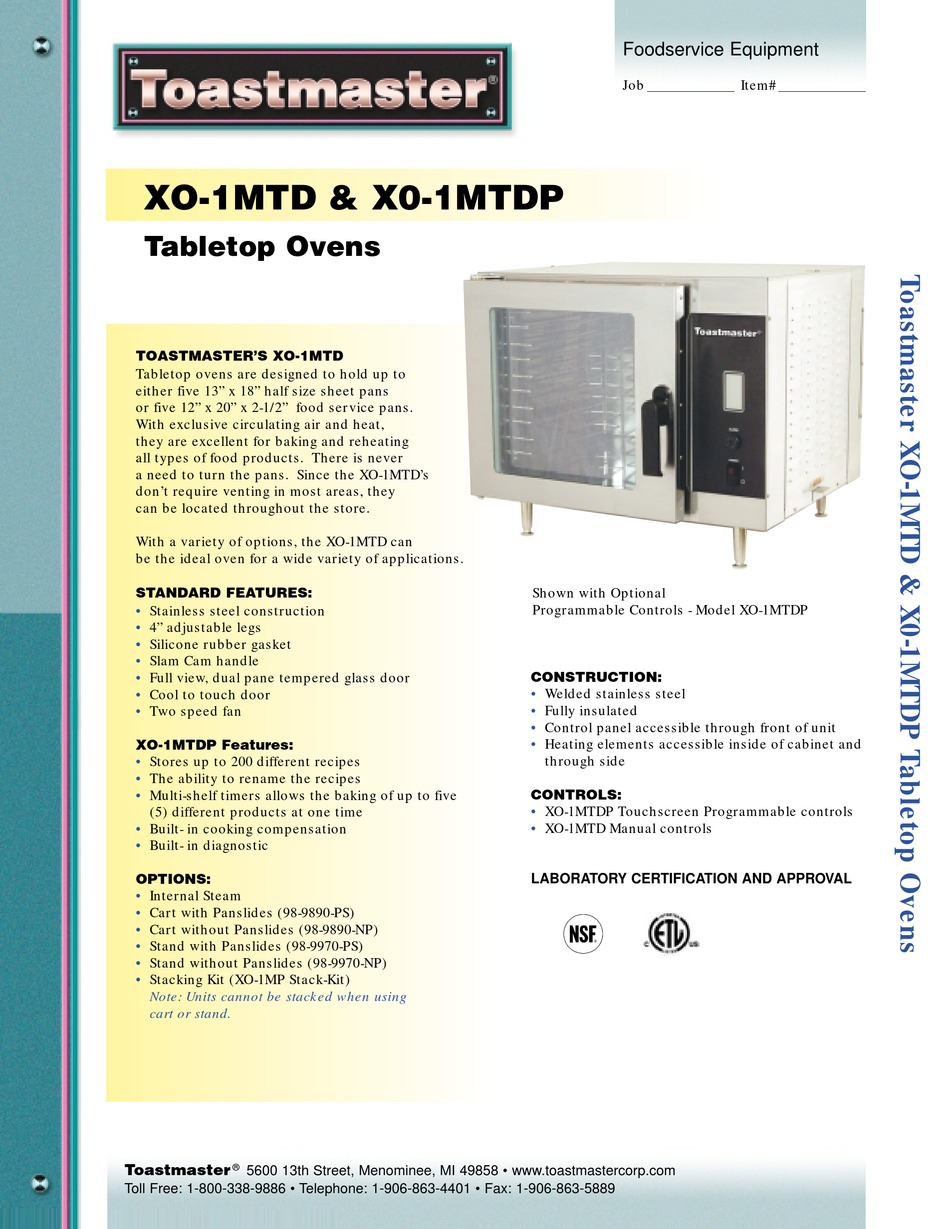 TOASTMASTER XO1MTD SPECIFICATION SHEET Pdf Download ManualsLib