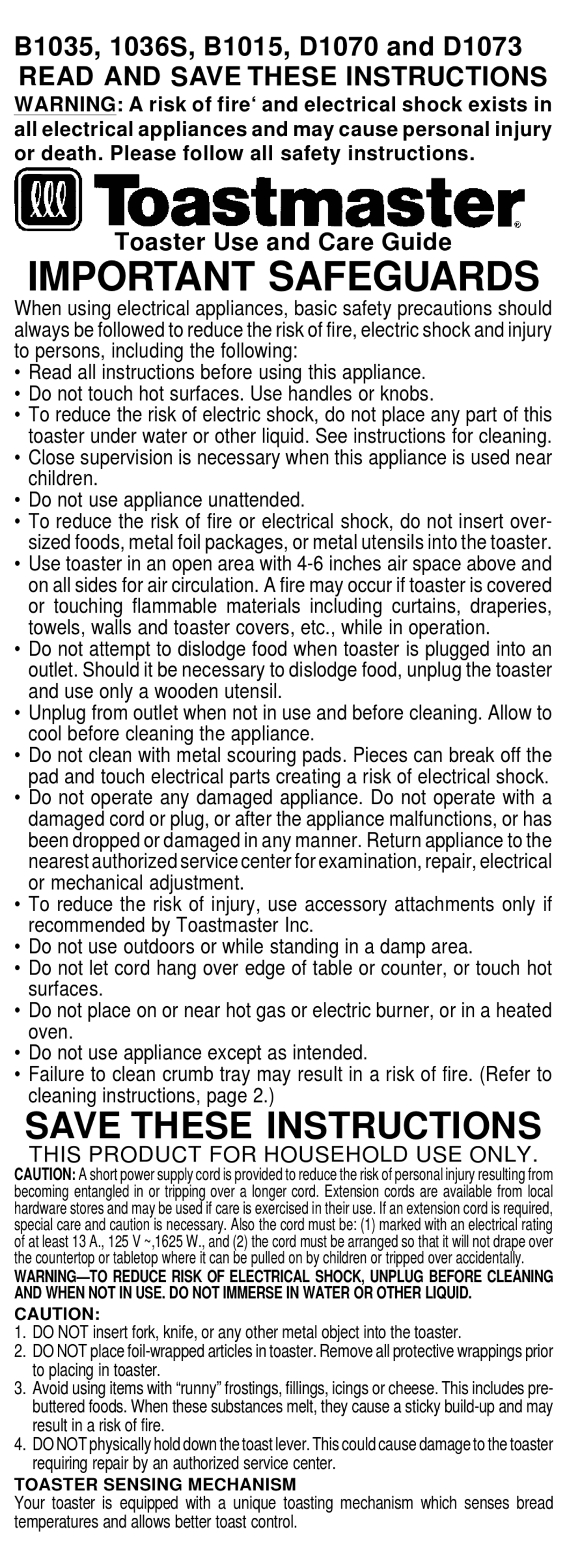 TOASTMASTER 1036S USE AND CARE MANUAL Pdf Download ManualsLib