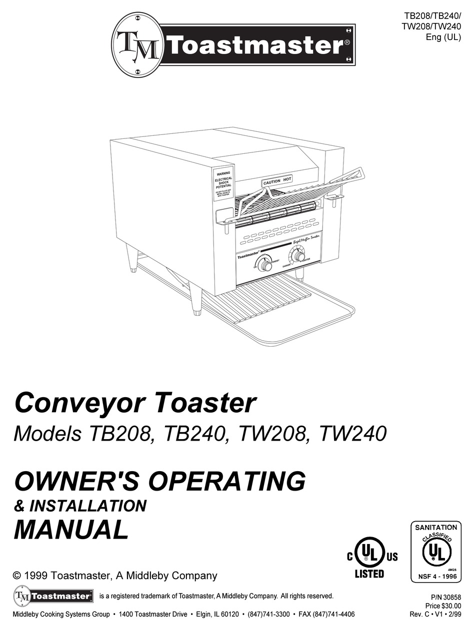 TOASTMASTER TB208 OWNER'S OPERATING & INSTALLATION MANUAL Pdf Download