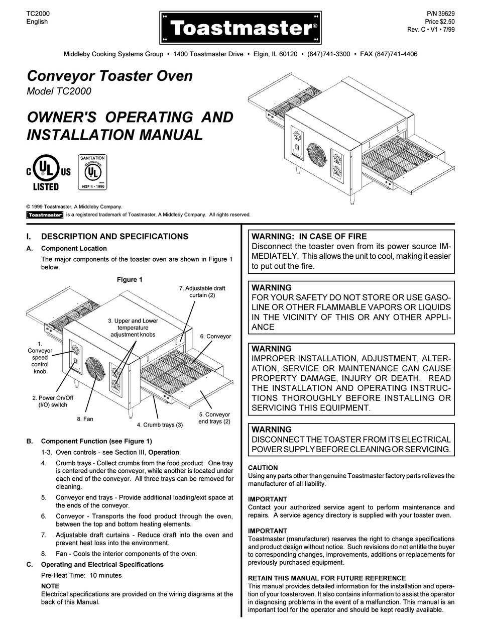 TOASTMASTER TC2000 OWNER'S OPERATING AND INSTALLATION MANUAL Pdf