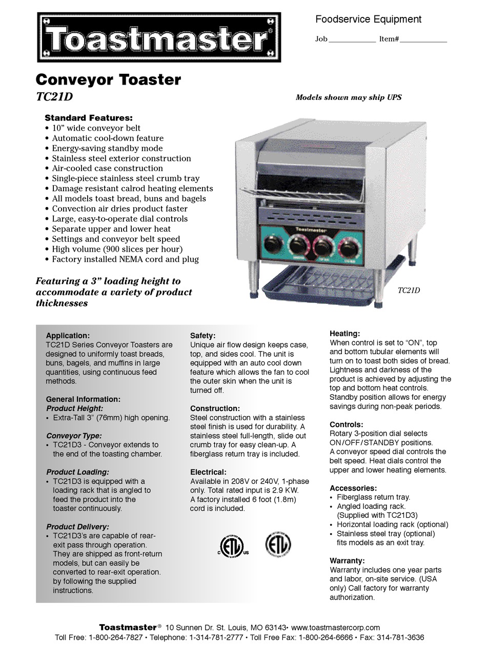 TOASTMASTER TC21D3663 SPECIFICATIONS Pdf Download ManualsLib