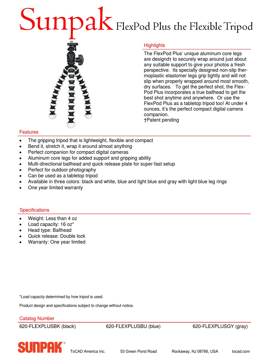 SUNPAK FLEXPOD PLUS THE FLEXIBLETRIPOD SPECIFICATIONS Pdf Download