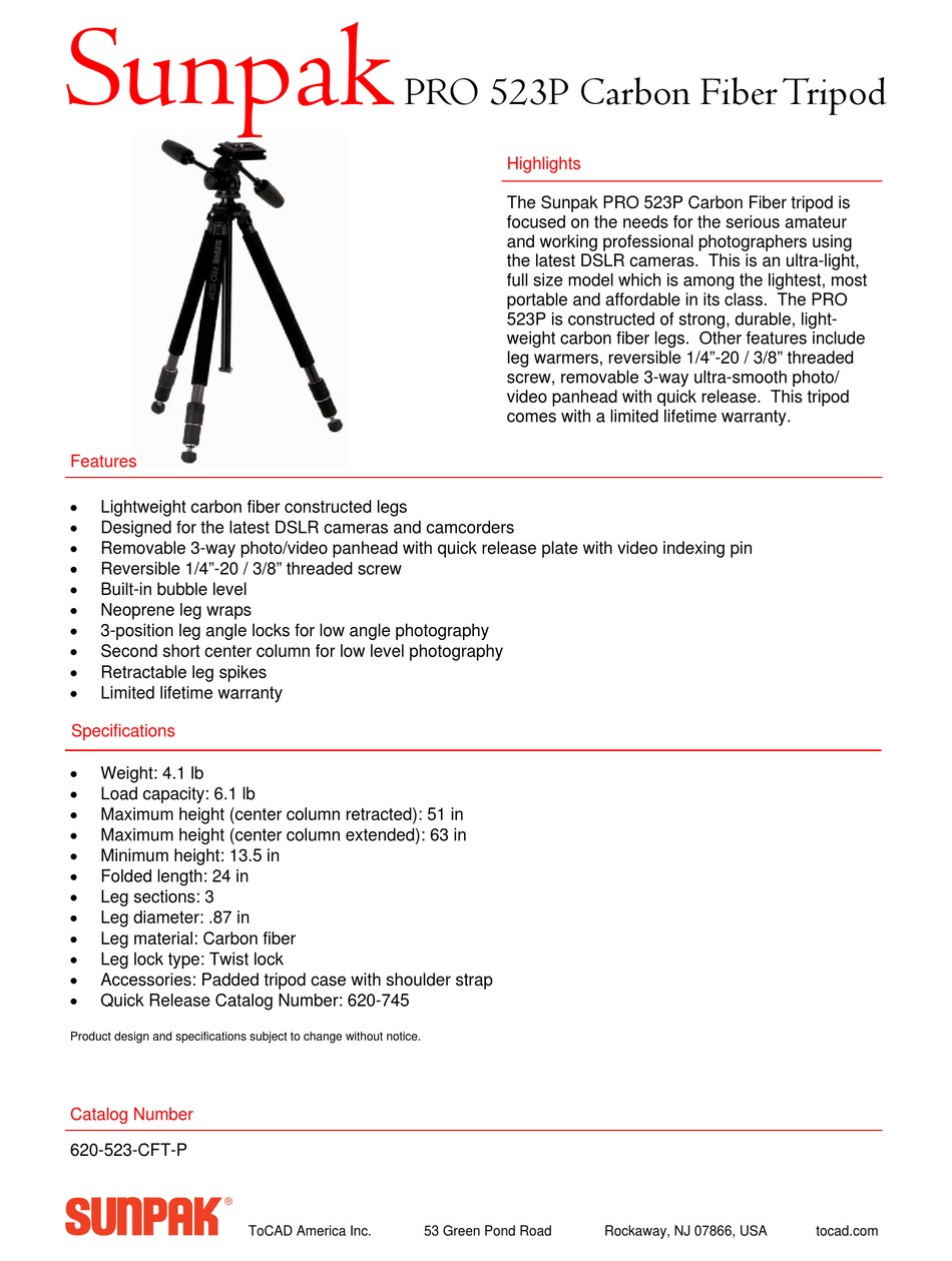 SUNPAK SUNPAKPRO 523P CARBON FIBERTRIPOD CFTP SPECIFICATIONS Pdf