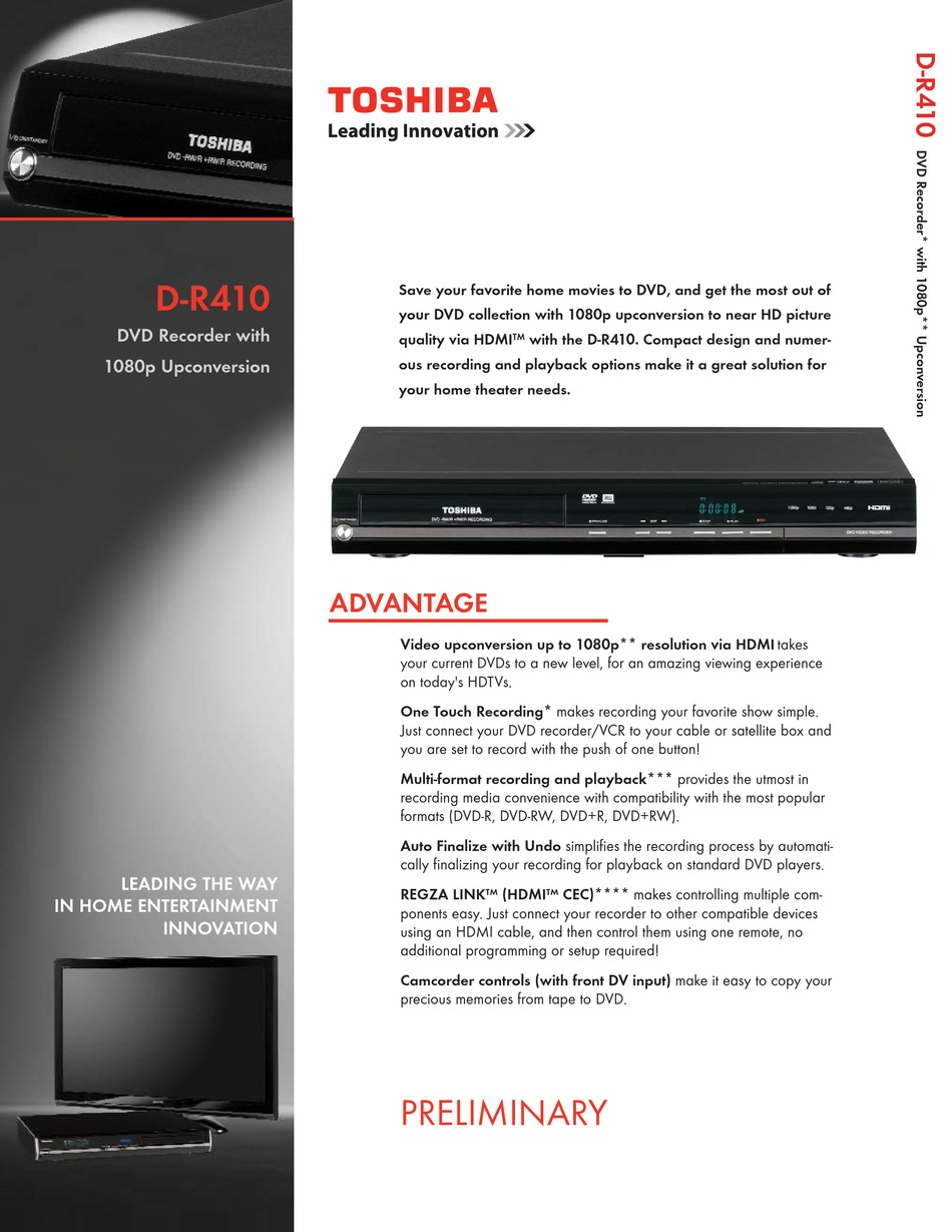 Toshiba D R410 Specification Sheet Pdf Download Manualslib