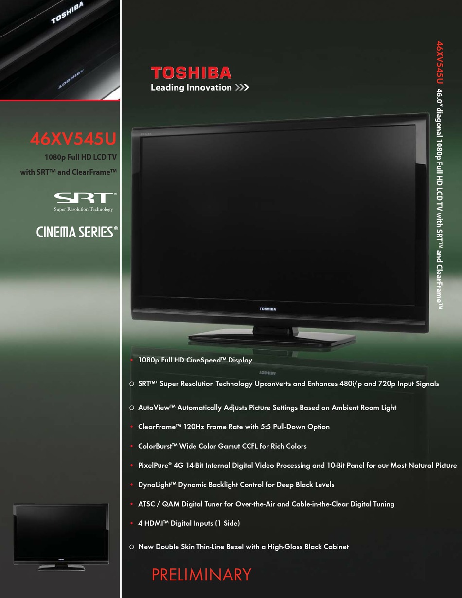 TOSHIBA 46XV545U SPECIFICATION SHEET Pdf Download | ManualsLib