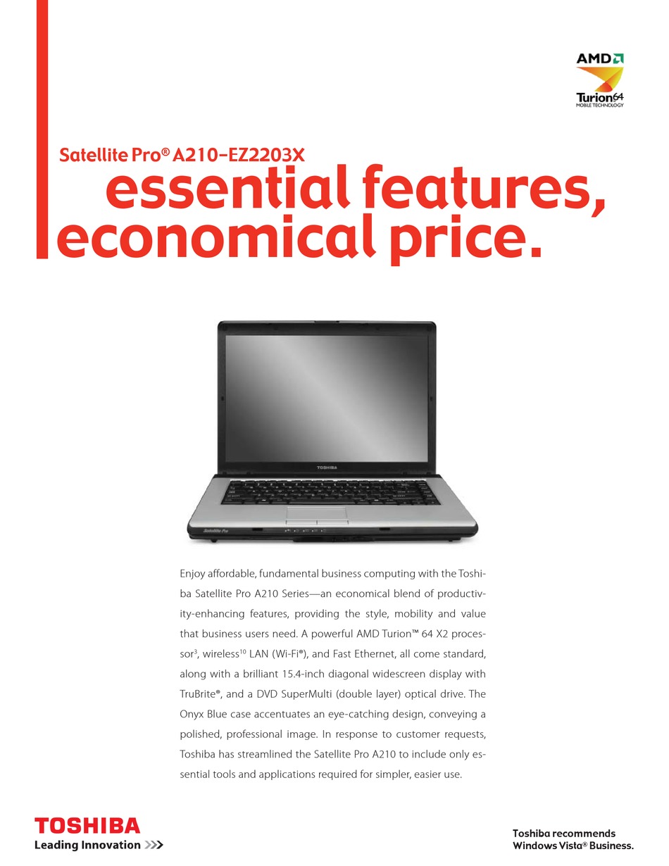 TOSHIBA SATELLITE PRO A210-EZ2203X SPECIFICATIONS Pdf Download | ManualsLib