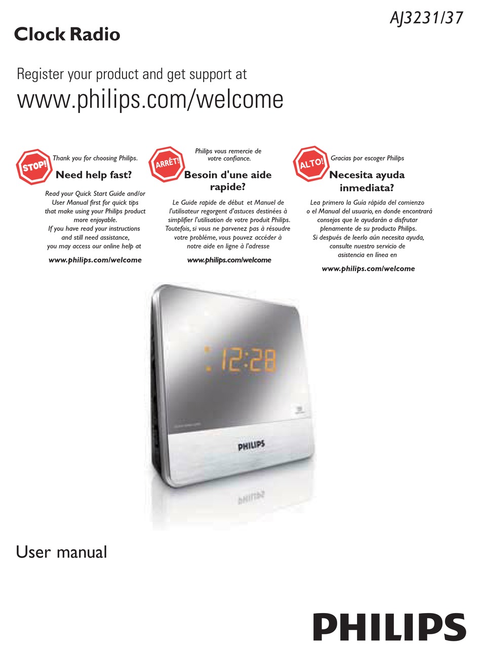 Philips AJ3231/37 Mirror Finish Dual Digital Alarm Clock AM/FM Radio 