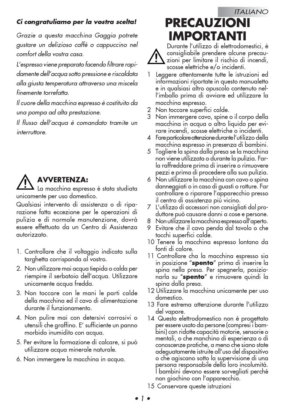 In Caso Di Malfunzionamento - Gaggia 10002982 User Manual [Page 7]