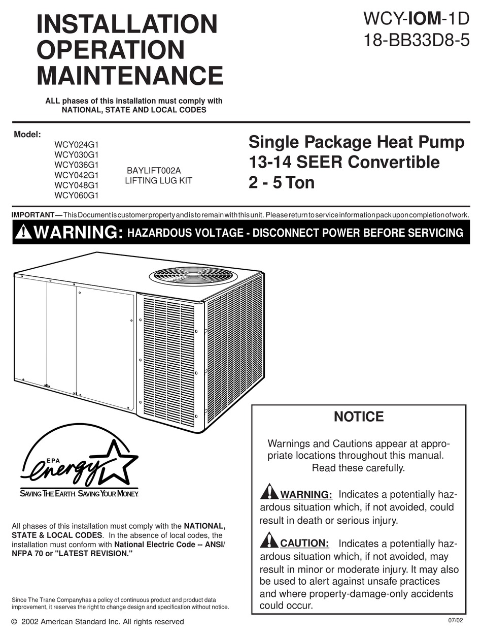 TRANE WCY024G1 INSTALLATION, OPERATION & MAINTENANCE MANUAL Pdf