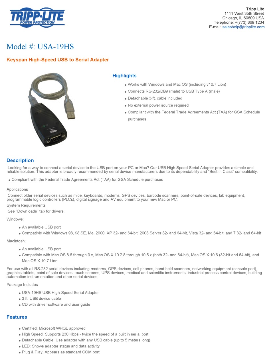 TRIPP LITE HIGHSPEED USB SERIAL ADAPTER USA19HS SPECIFICATION SHEET