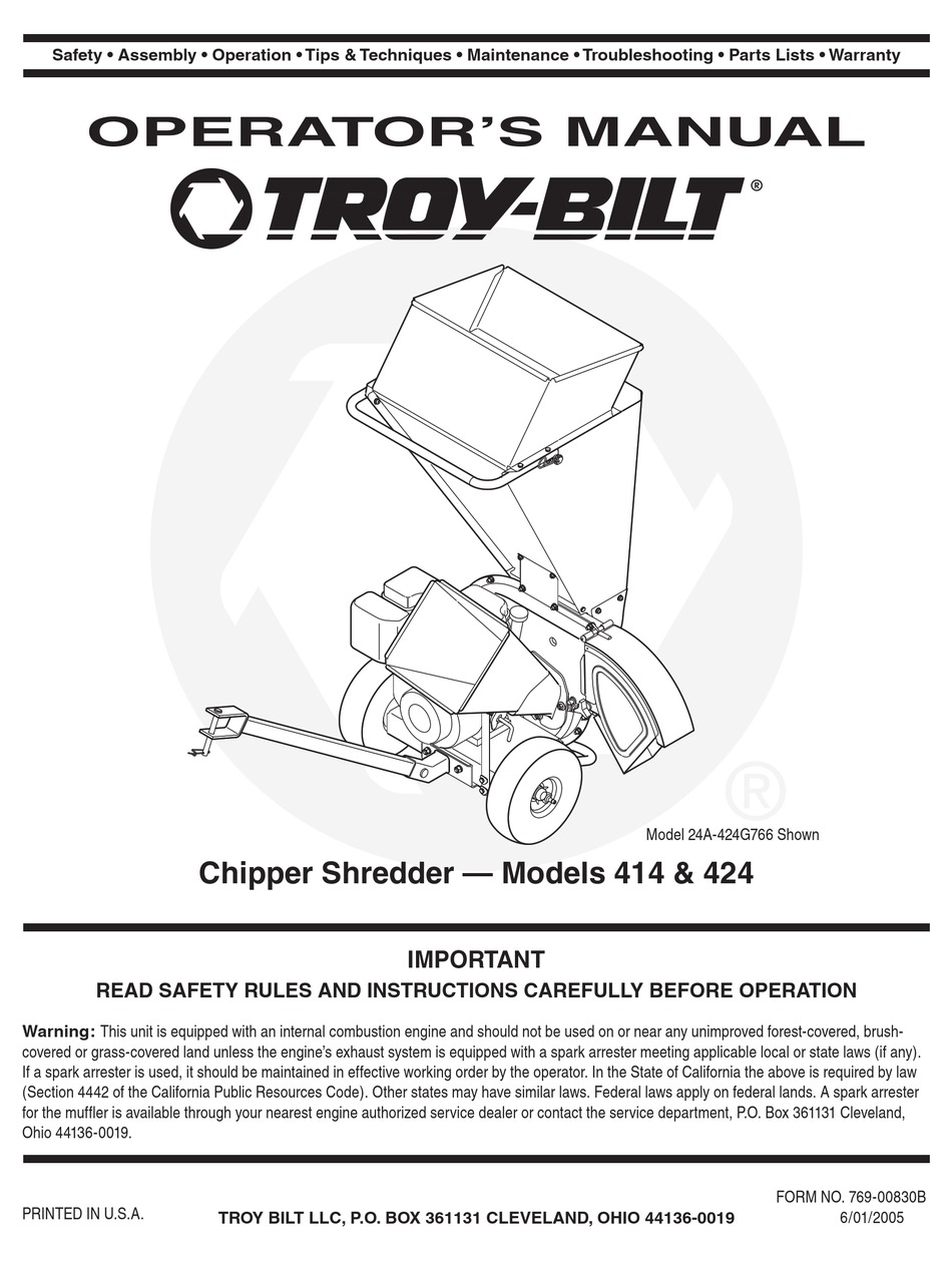 TROY-BILT 414 OPERATOR'S MANUAL Pdf Download | ManualsLib