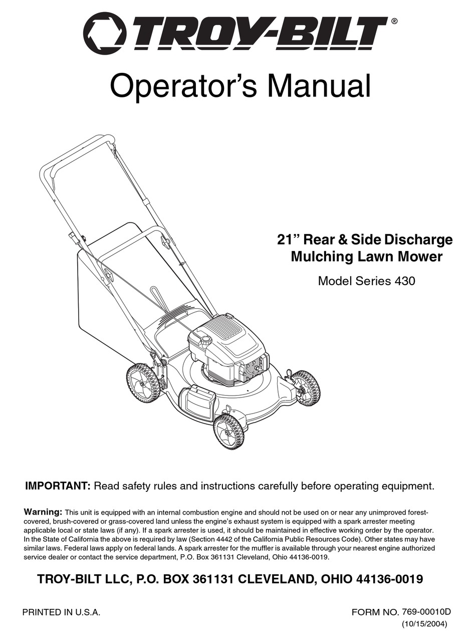 TROY-BILT 430 SERIES OPERATOR'S MANUAL Pdf Download | ManualsLib