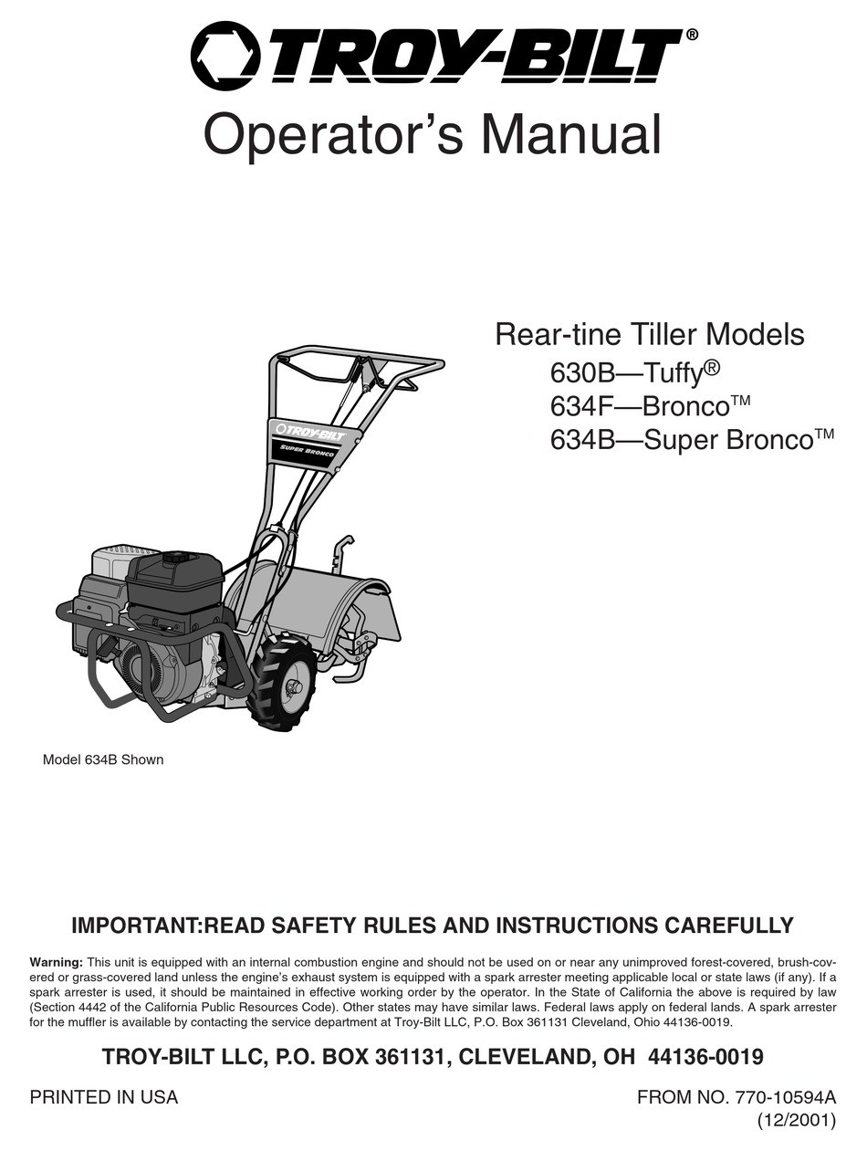 TROYBILT 630BTUFFY, 634FBRONCO, 634BSUPER BRONCO OPERATOR'S MANUAL