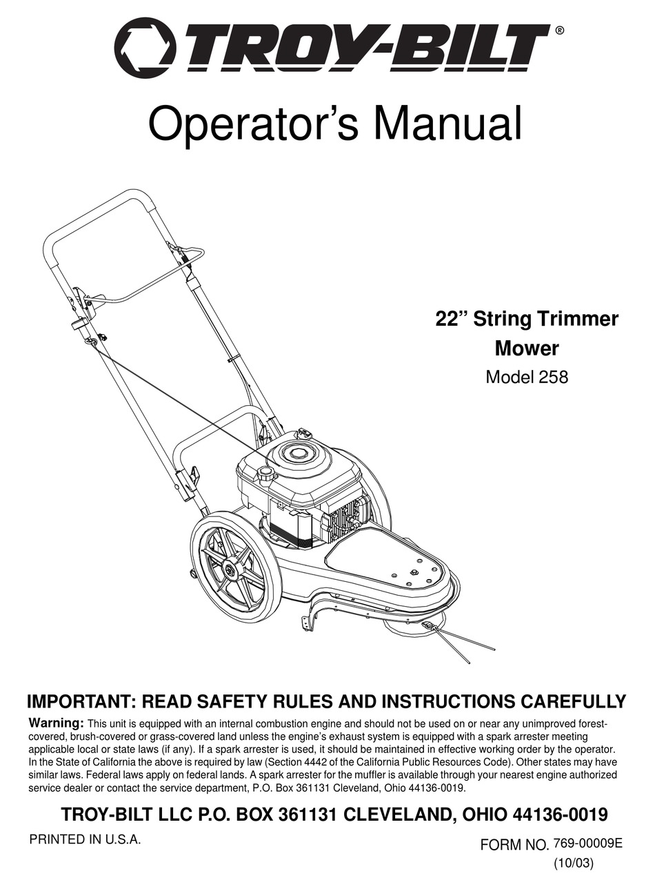 TROYBILT 258 OPERATOR
