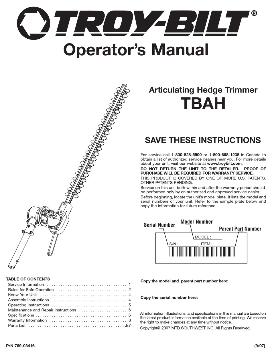 TROY-BILT TBAH OPERATOR'S MANUAL Pdf Download | ManualsLib