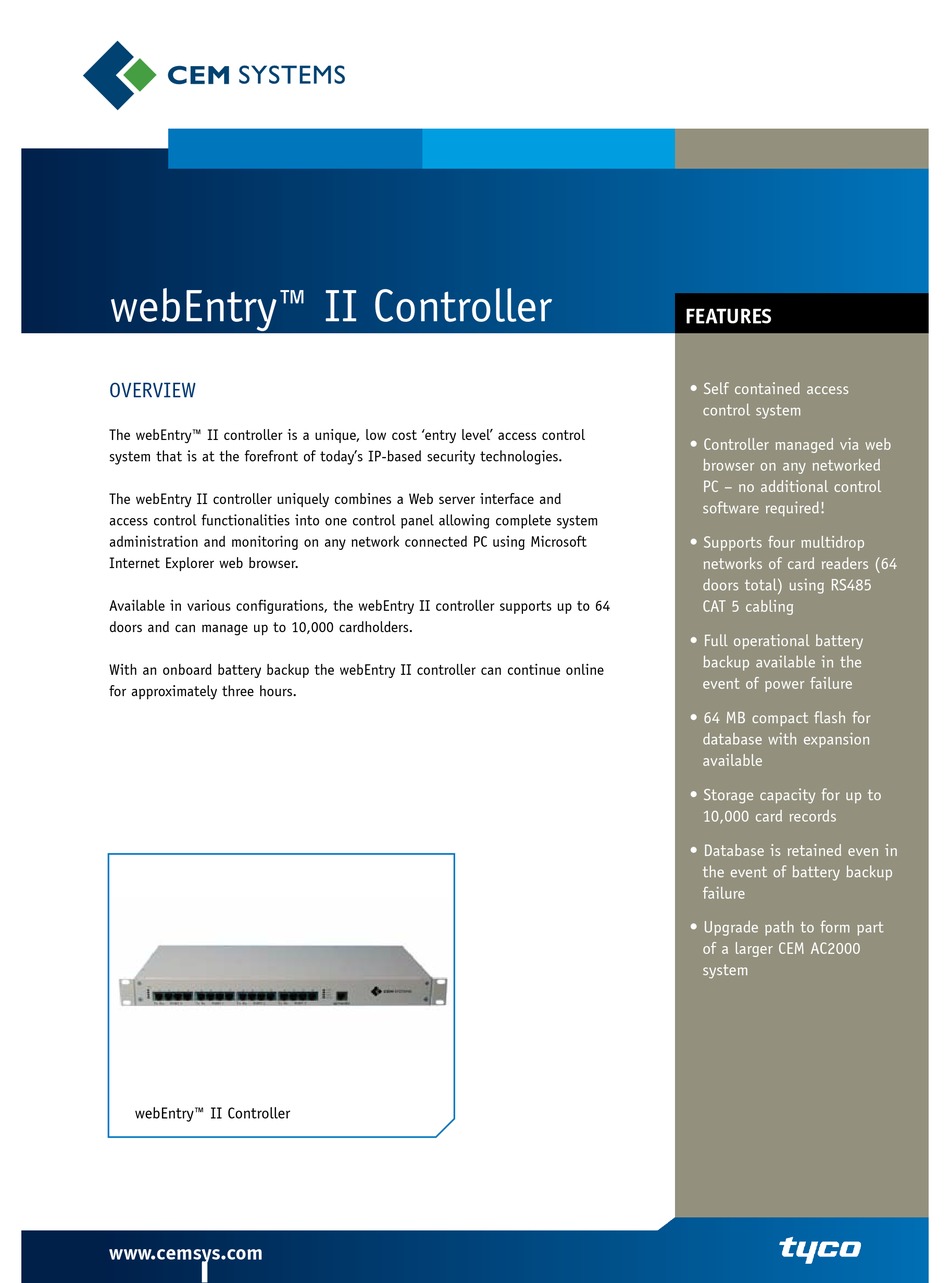 CEM SYSTEMS CONTROLLER WEBENTRY II SPECIFICATION Pdf Download ManualsLib