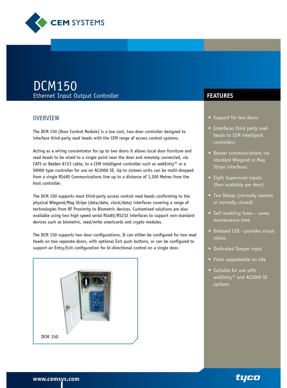 CEM SYSTEMS INPUT OUTPUT CONTROLLER DCM 150 SPECIFICATIONS Pdf
