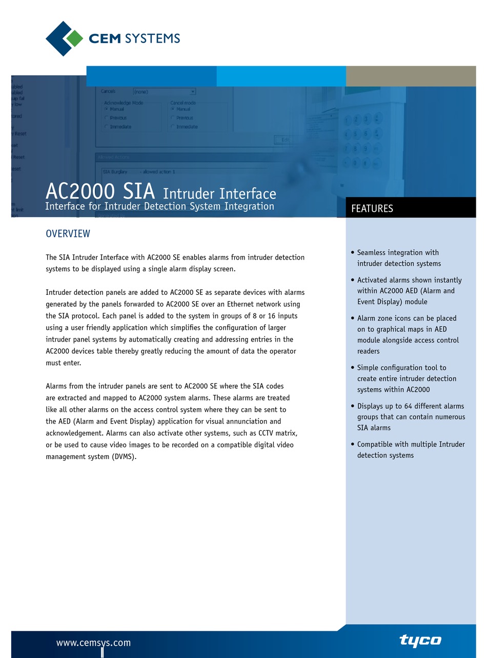 CEM SYSTEMS INTRUDER INTERFACE AC2000 SIA SPECIFICATIONS Pdf Download