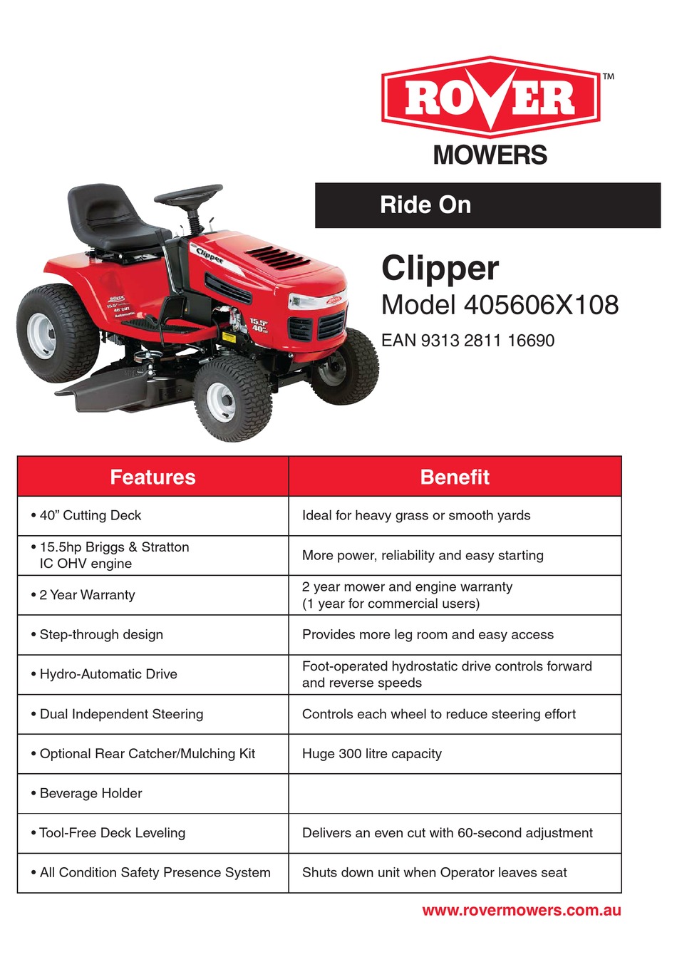 ROVER CLIPPER 405606X108 SPECIFICATION SHEET Pdf Download | ManualsLib