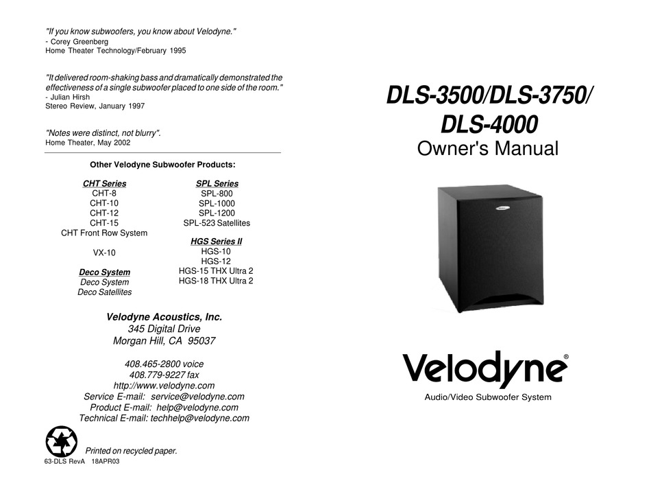 Velodyne Dls 3500 Owner S Manual Pdf Download Manualslib