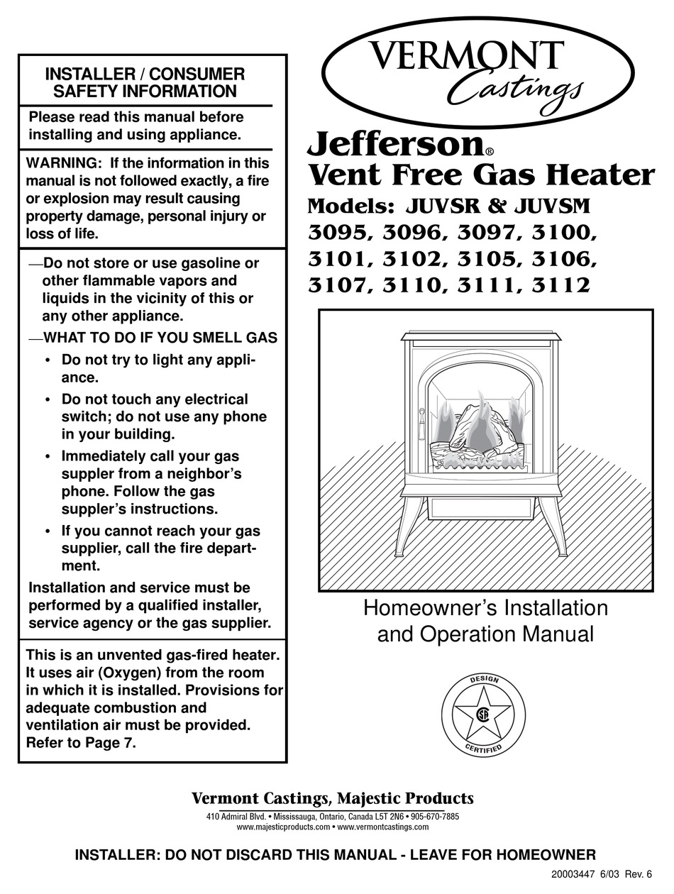 VERMONT CASTINGS JEFFERSON JUVSR & JUVSM 3095, 3096, 3097, 3100, 3101