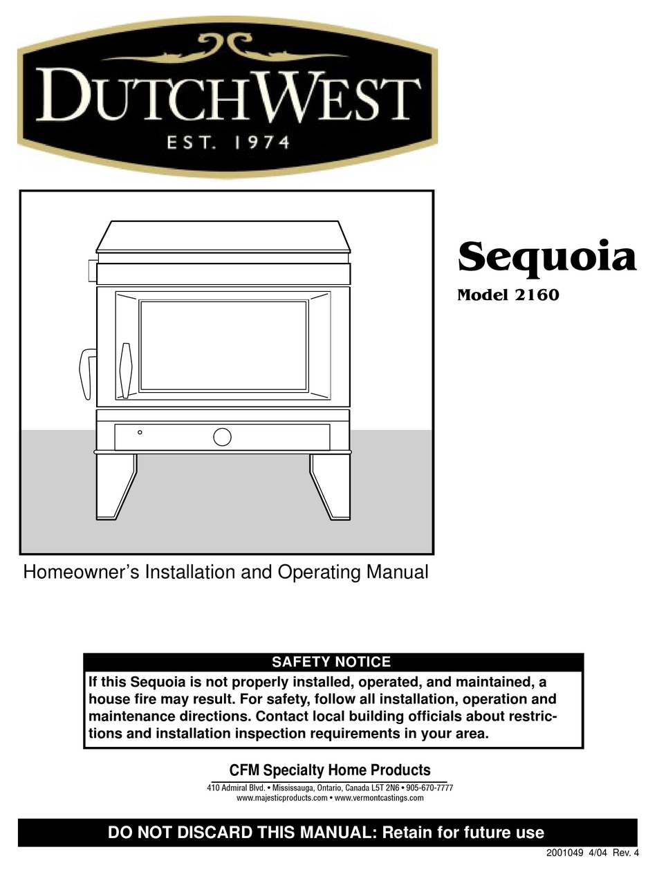 DUTCHWEST SEQUOIA 2160 INSTALLATION AND OPERATING MANUAL Pdf Download |  ManualsLib
