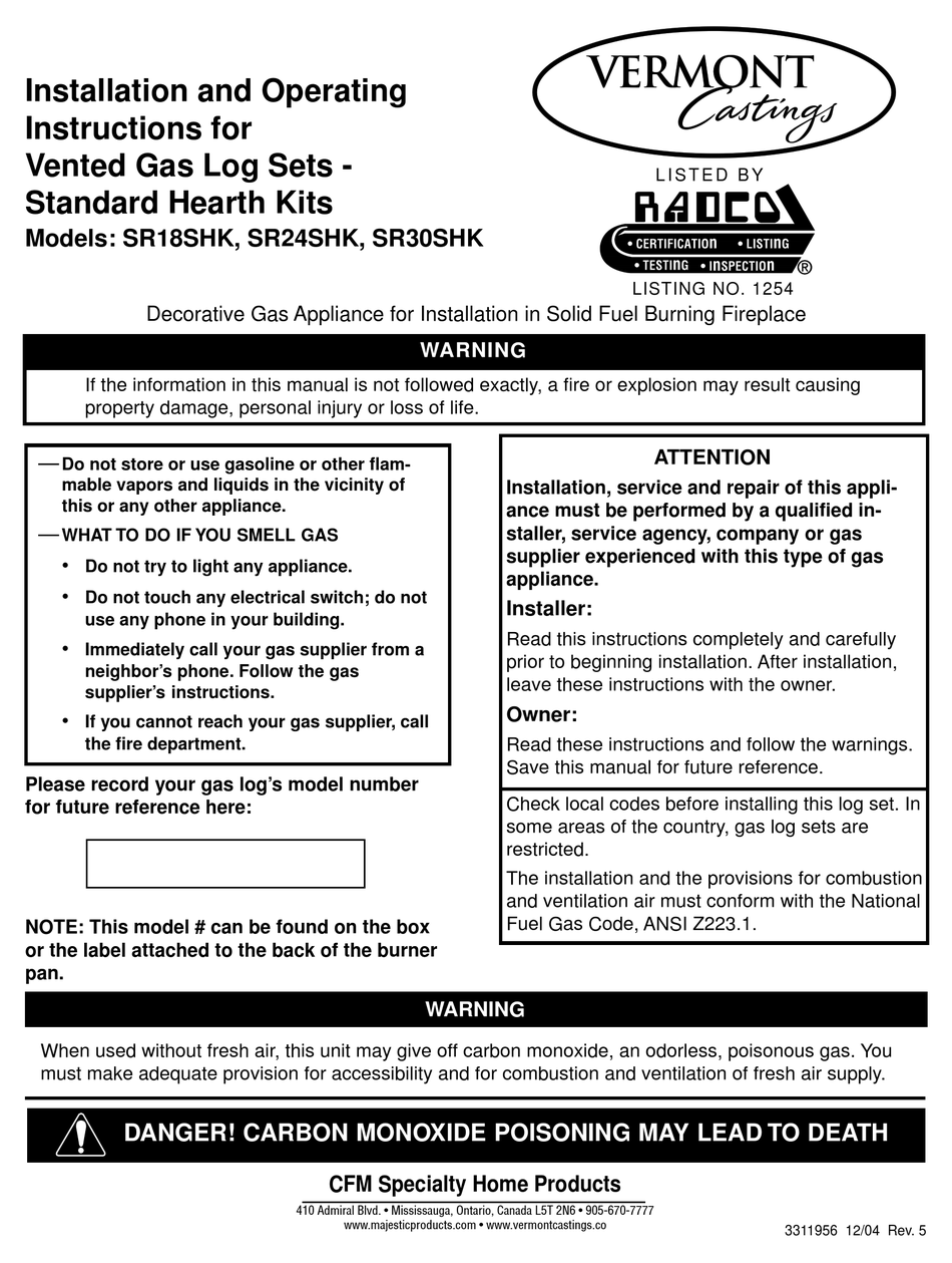 VERMONT CASTINGS SR18SHK INSTALLATION AND OPERATING INSTRUCTIONS MANUAL