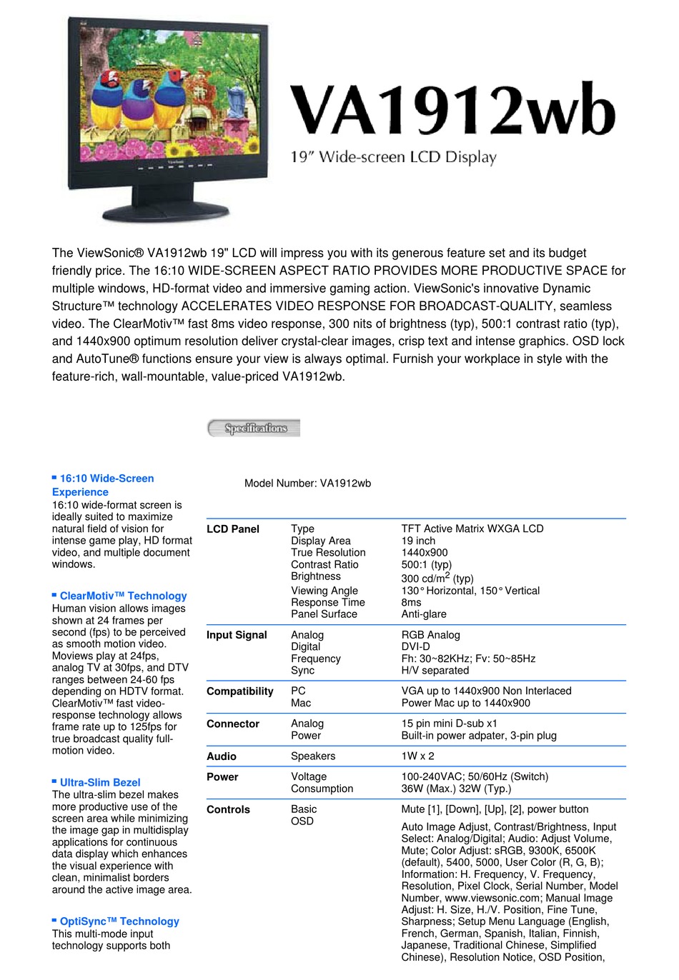 Viewsonic Va1912wb Specifications Pdf Download Manualslib 