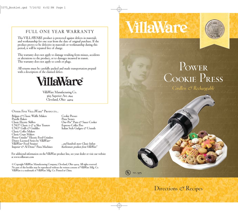 VILLAWARE ELECTRIC COOKIE PRESS USER MANUAL Pdf Download ManualsLib