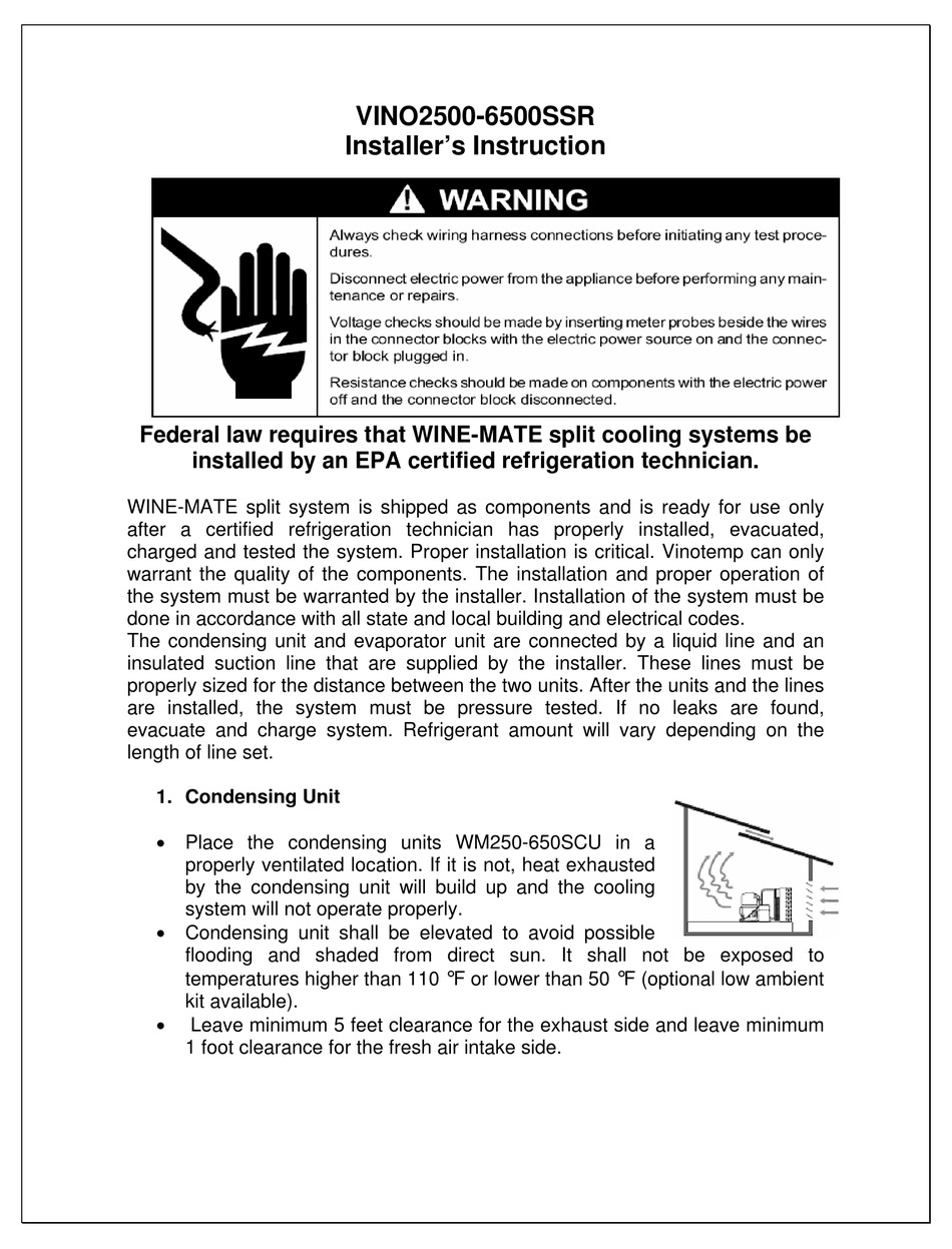 VINOTEMP WINEMATE VINO2500SSR INSTALLATION INSTRUCTIONS MANUAL Pdf