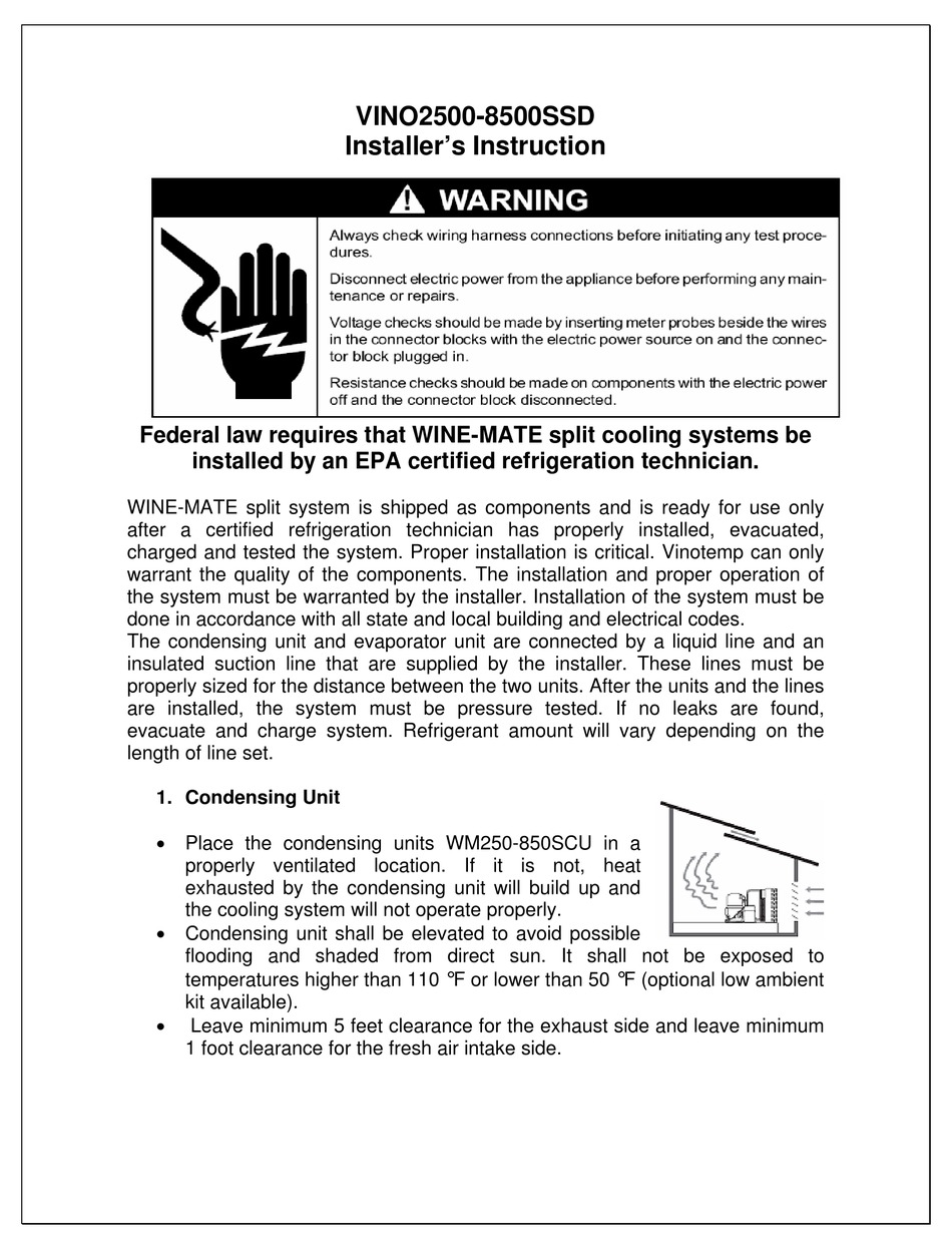 VINOTEMP WINEMATE VINO2500SSD INSTALLATION INSTRUCTIONS MANUAL Pdf