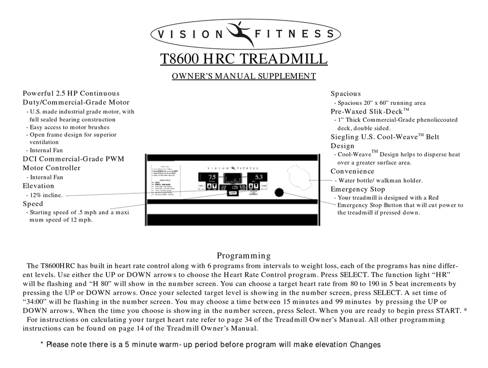 VISION FITNESS T8600HRC OWNER'S MANUAL SUPPLEMENT Pdf Download | ManualsLib
