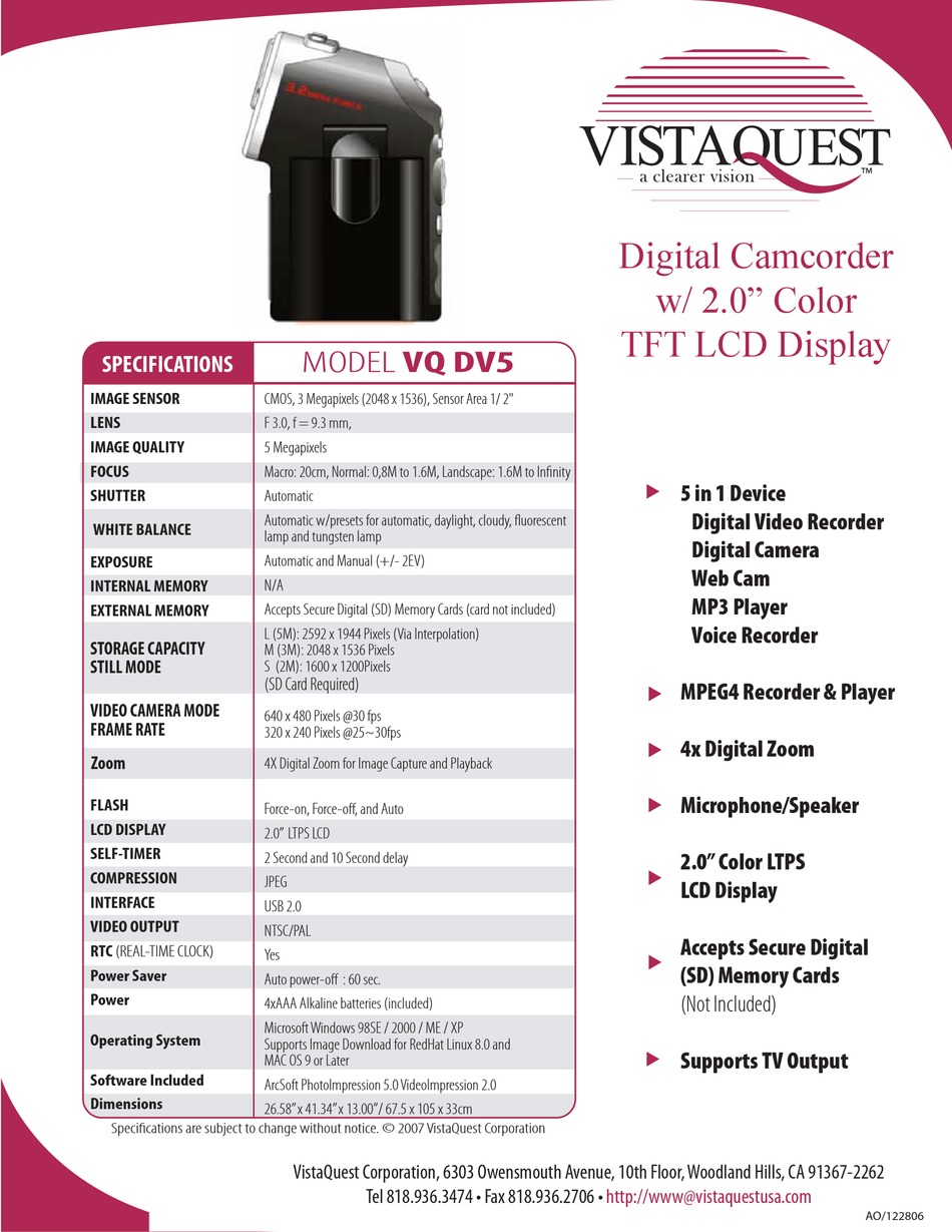 VISTAQUEST VQ DV5 SPECIFICATION SHEET Pdf Download ManualsLib