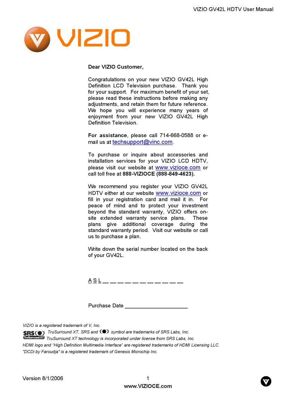 VIZIO GV42L USER MANUAL Pdf Download | ManualsLib