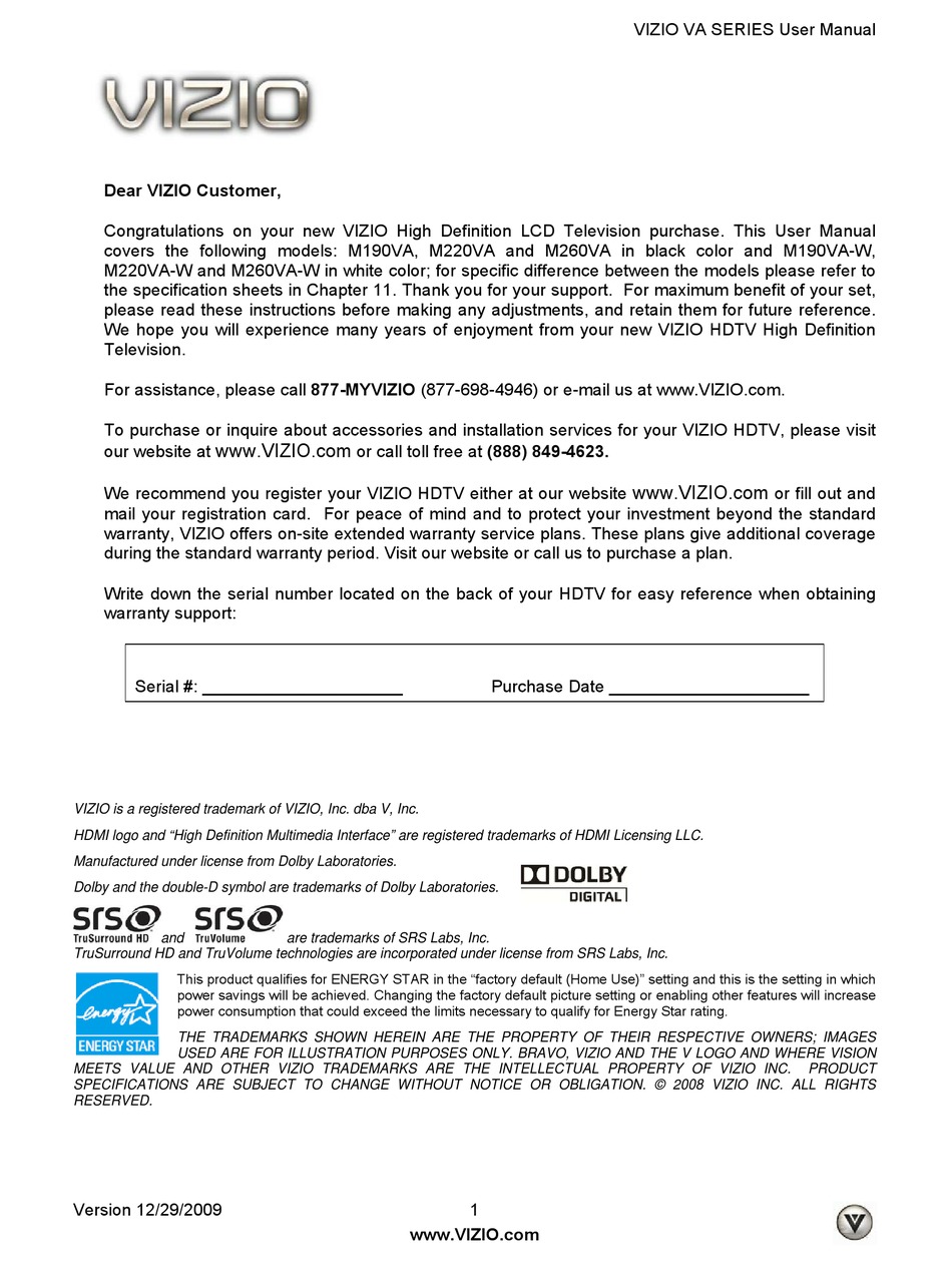 VIZIO M260VA USER MANUAL Pdf Download | ManualsLib