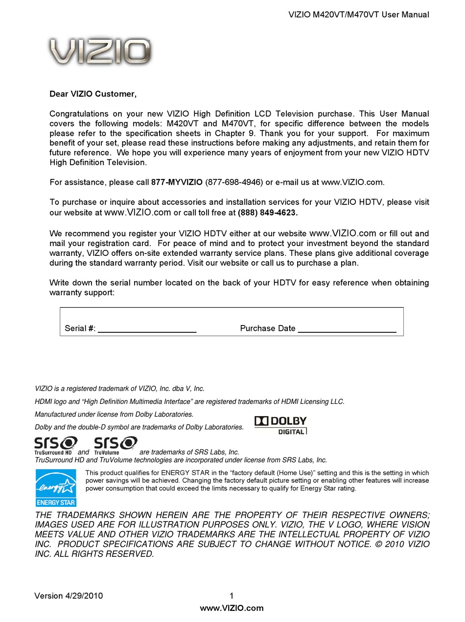 VIZIO M420VT USER MANUAL Pdf Download | ManualsLib