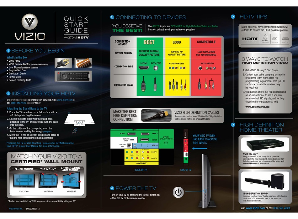 VIZIO VA370M QUICK START MANUAL Pdf Download ManualsLib