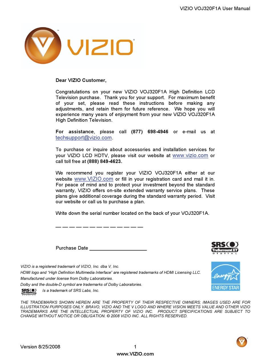 VIZIO VOJ320F1A USER MANUAL Pdf Download ManualsLib