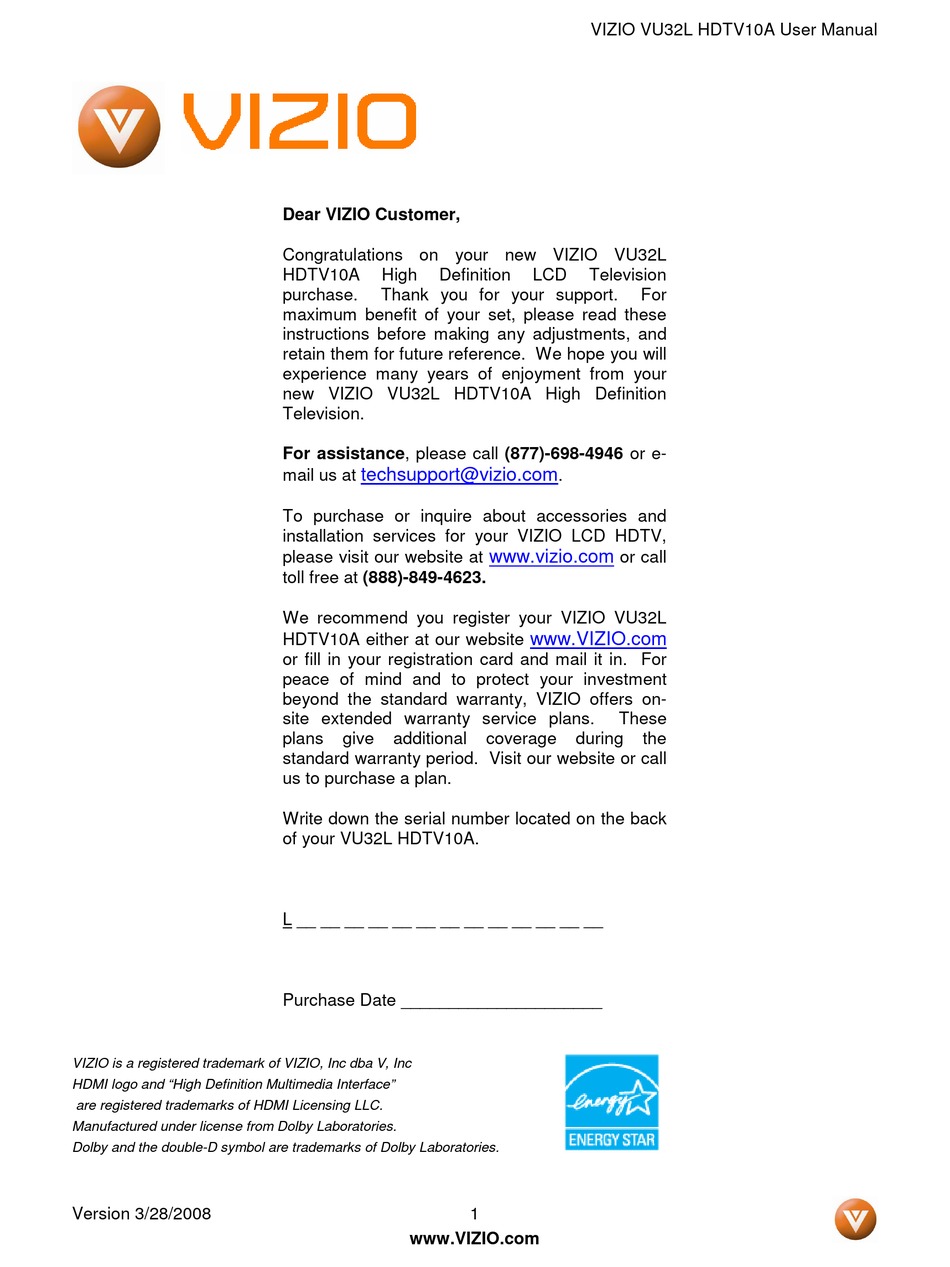 VIZIO VU32L USER MANUAL Pdf Download ManualsLib