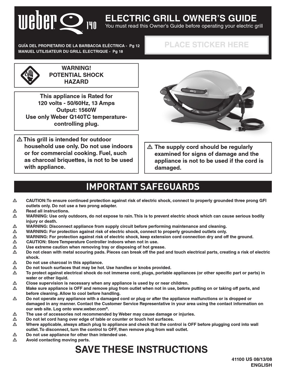 Weber Electric Grill Q 140 Owner S Manual Pdf Download Manualslib