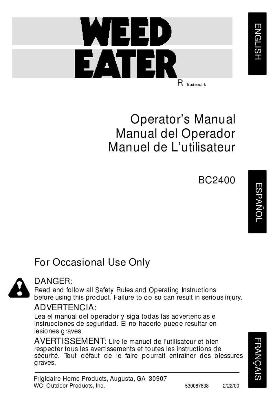 WEED EATER 530087638 OPERATOR'S MANUAL Pdf Download ManualsLib