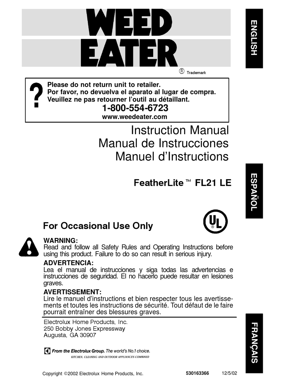 WEED EATER FEATHERLITE 530163366 INSTRUCTION MANUAL Pdf Download
