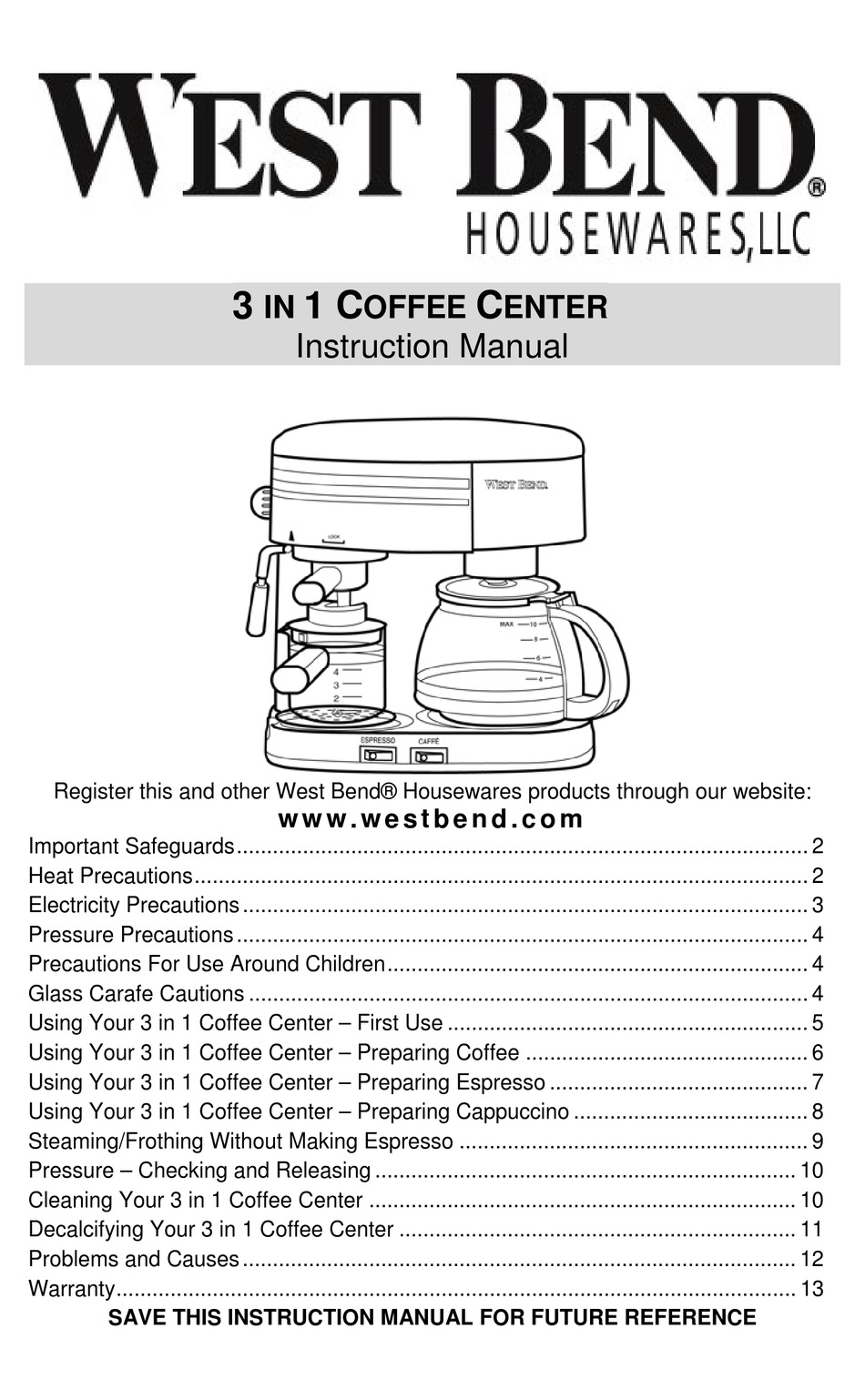 West Bend COFFEE CENTER Instruction 