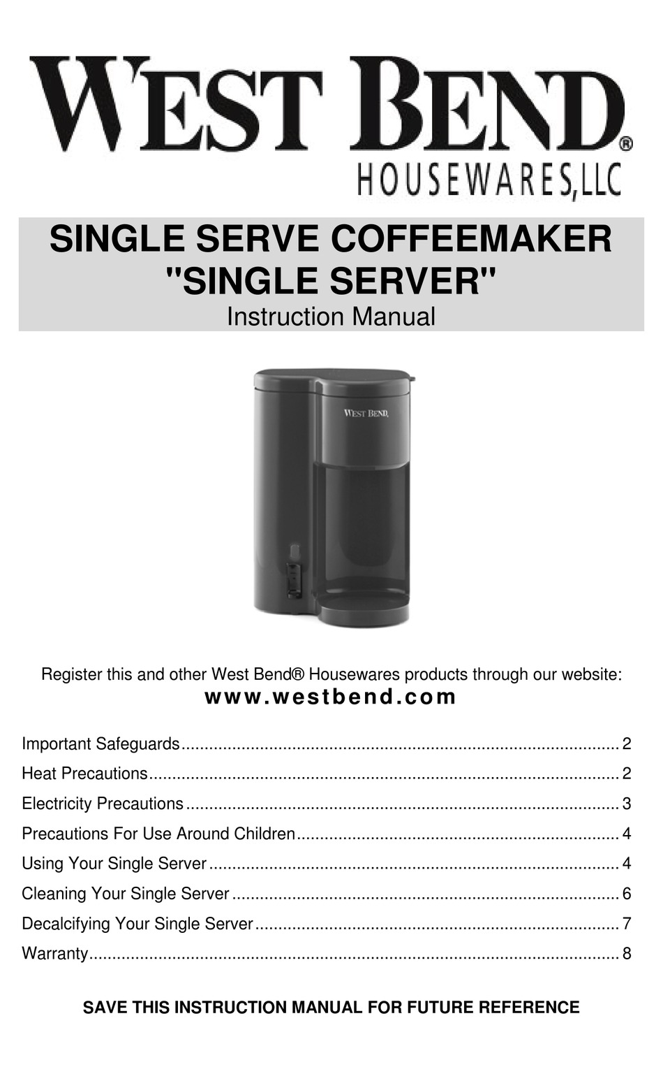 WEST BEND SINGLE SERVE COFFEEMAKER INSTRUCTION MANUAL Pdf Download