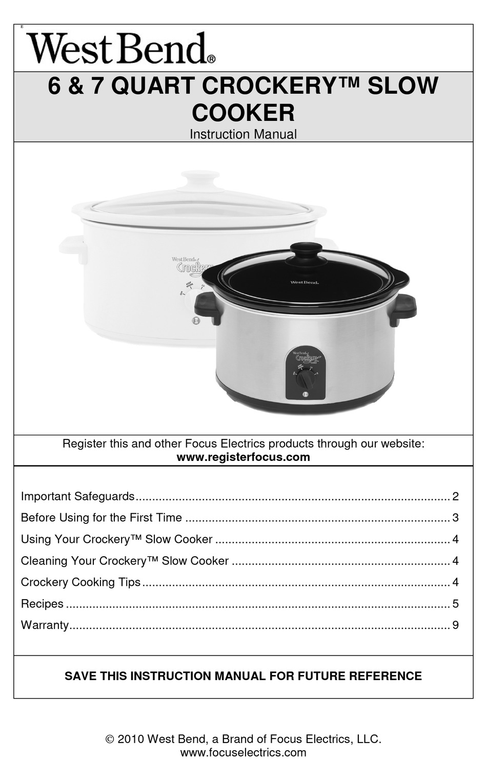 West Bend Manual Crockery Slow Cooker with Oval Ceramic Cooking Vessel and  Glass Lid Certified, 6-Quart, Silver